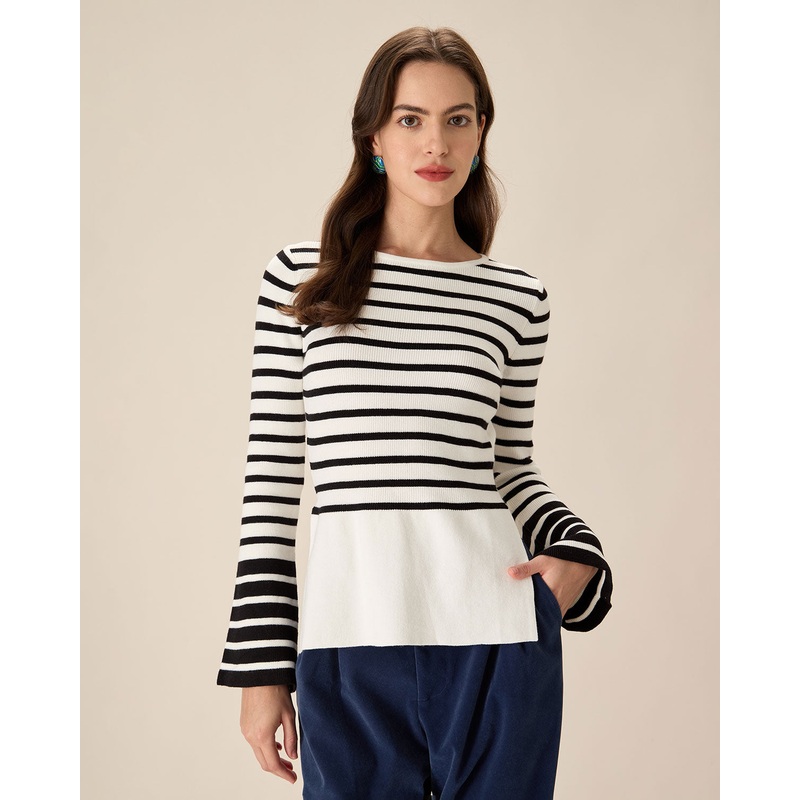 White Striped Boat Neck Sweater