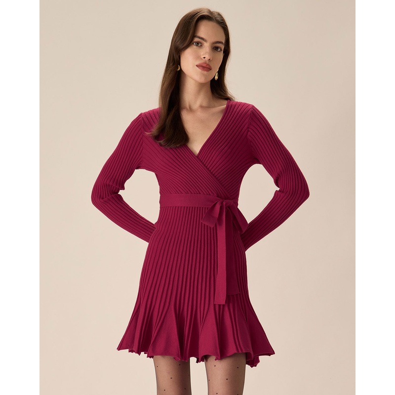 Wine Red Wrap Sweater Mini Dress