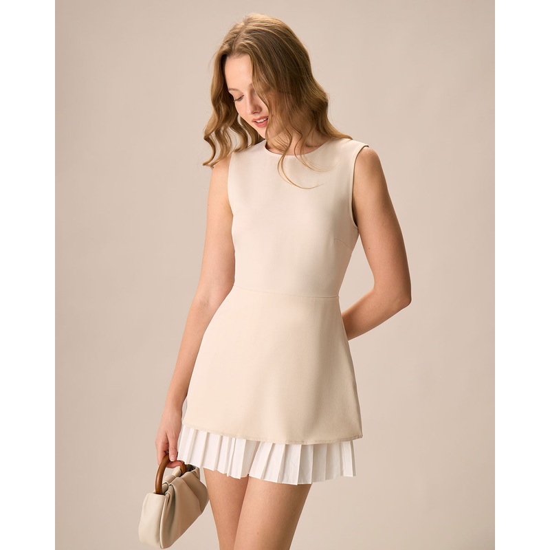 Women’s Apricot Splicing Pleated Mini Dress