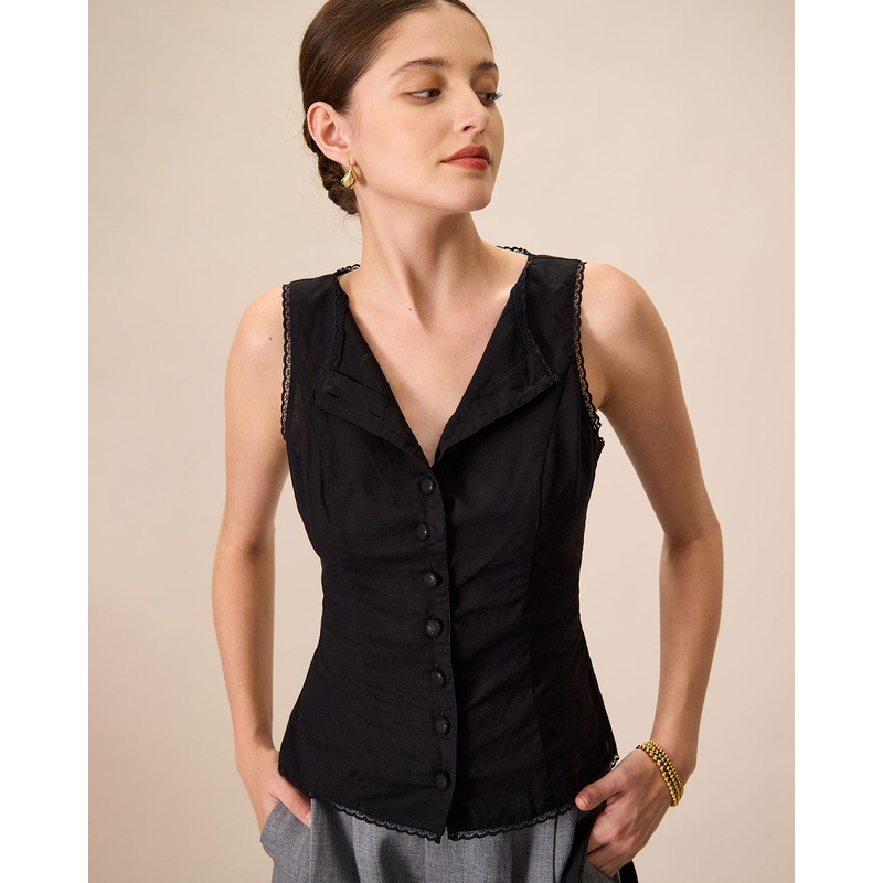 Women’s Black Boat Neck Cotton Linen Vest