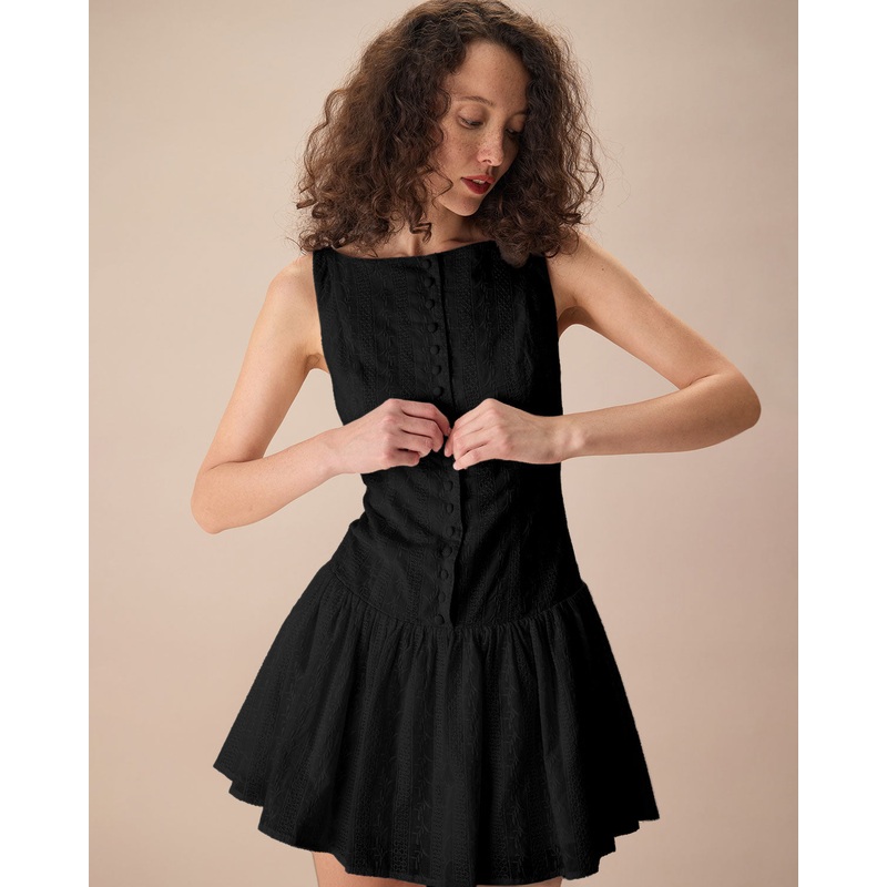 Women’s Black Boat Neck Jacquard Cotton Mini Dress