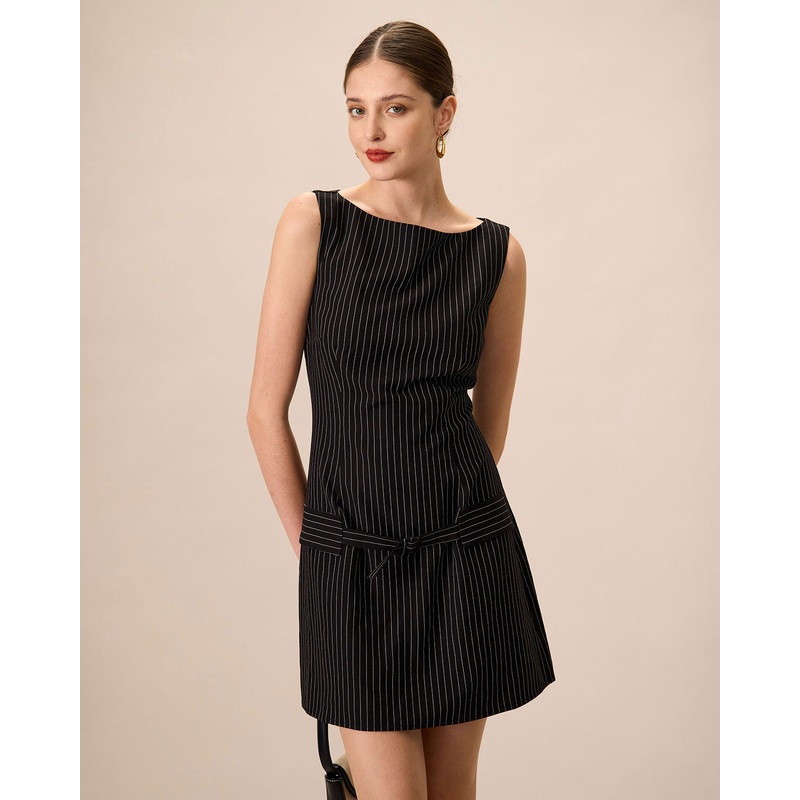 Women’s Black Boat Neck Striped Mini Dress