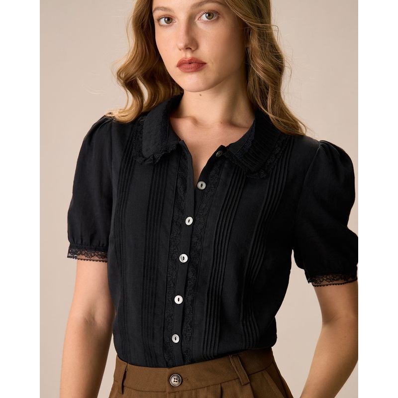 Women’s Black Chelsea Collar Lace Trim Cotton Blouse