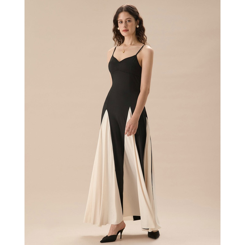 Women’s Black Contrasting Pleated Slip Maxi Dress
