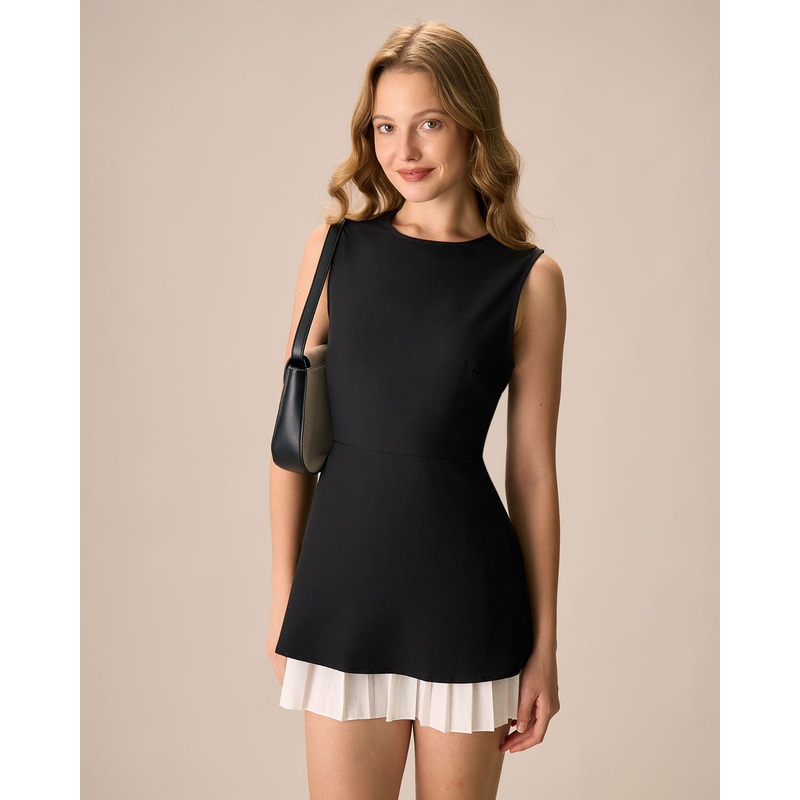 Women’s Black Splicing Pleated Mini Dress
