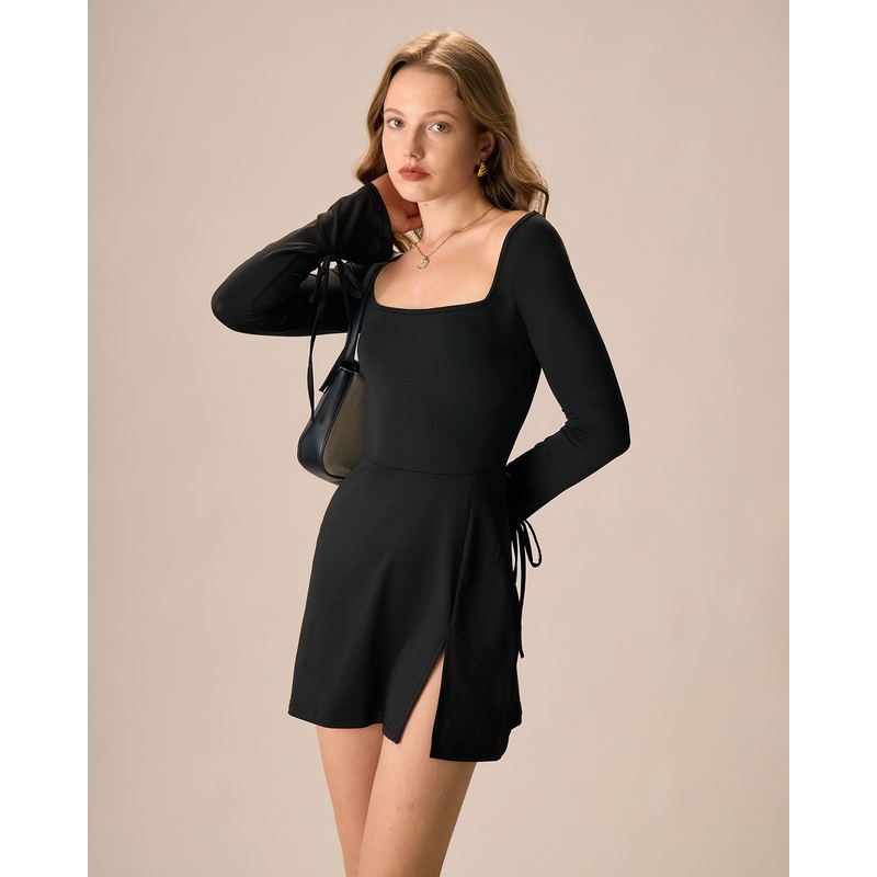 Women’s Black Square Neck Long Sleeve Mini Dress