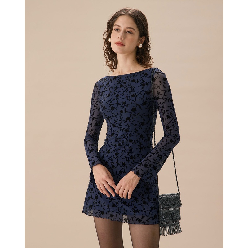Women’s Blue See-through Long Sleeve Mini Dress