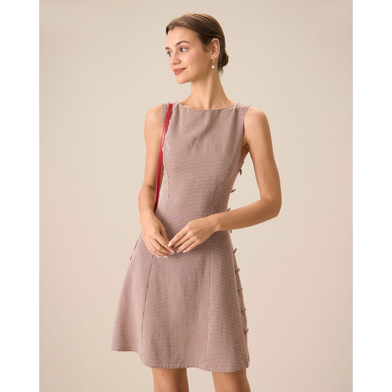 Women’s Boat Neck Brown Plaid Mini Dress