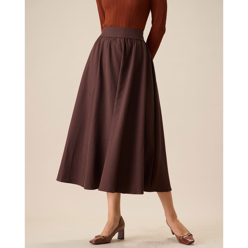 Women’s Coffee High-waisted Pleated Midi Skirt