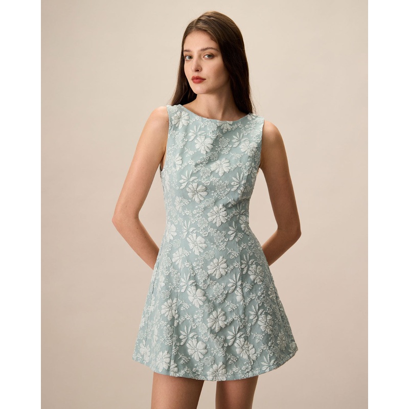 Women’s Green Boat Neck Jacquard Mini Dress
