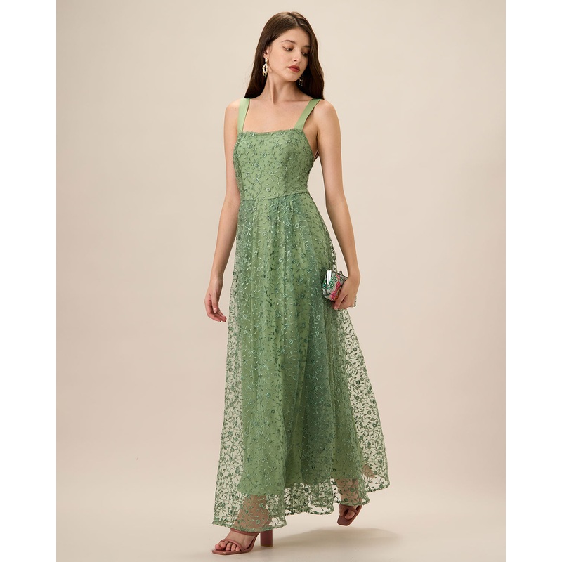 Women’s Green Embroidery Mesh Slip Maxi Dress