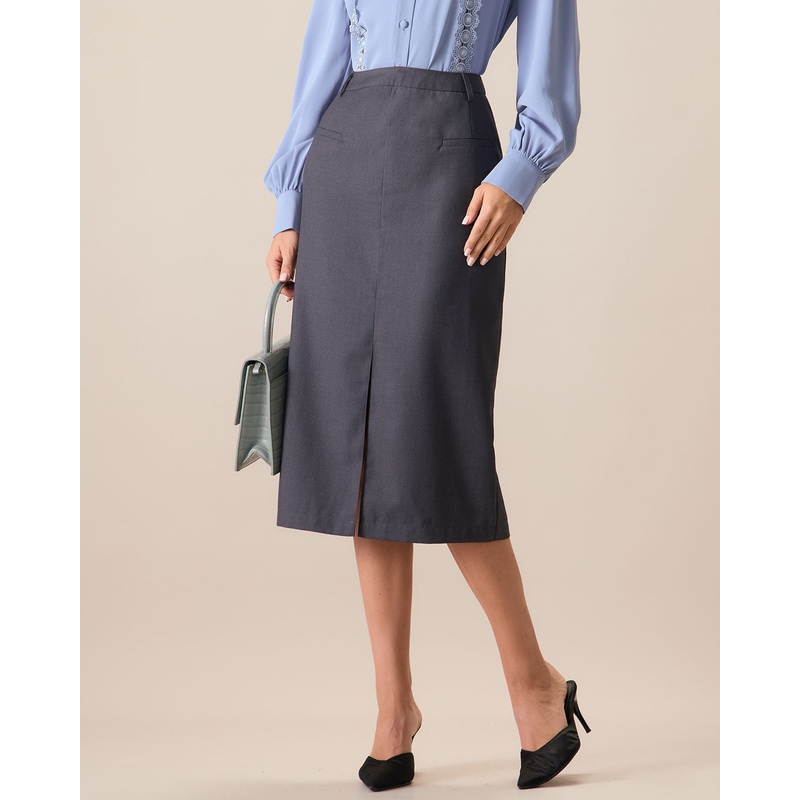 Women’s Grey High-waisted Straight Slit Midi Skit