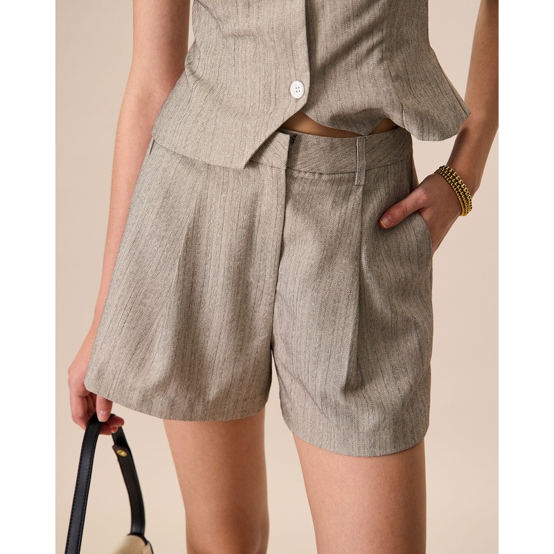 Women’s Grey Lapel Pleated Pocket Shorts