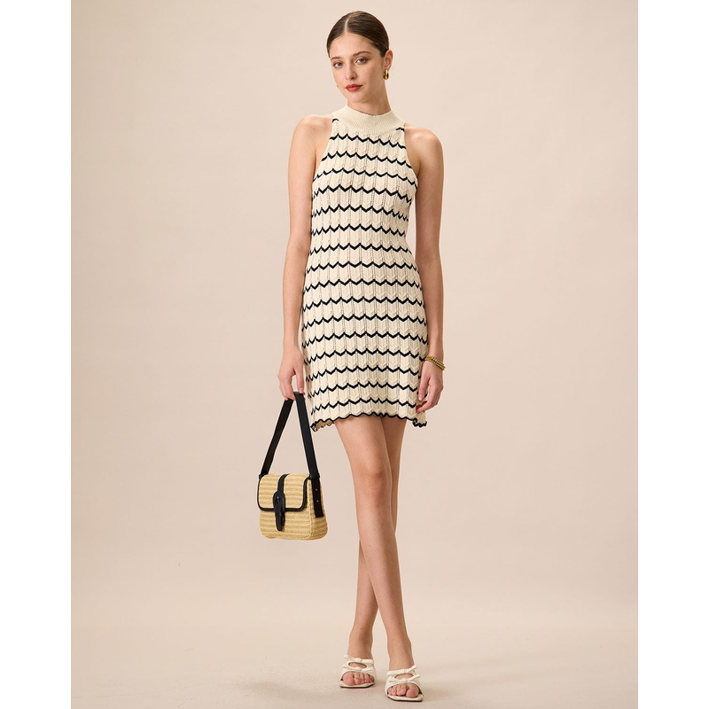 Women’s Mock Neck Contrast Knitted Mini Dress