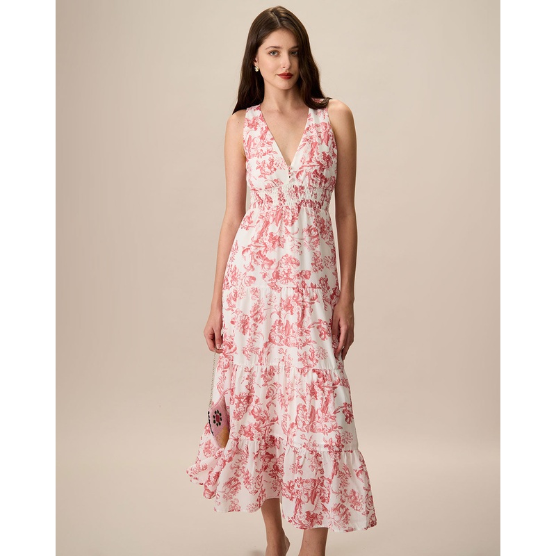 Women’s Red Floral Ruched Sleeveless Maxi Dress