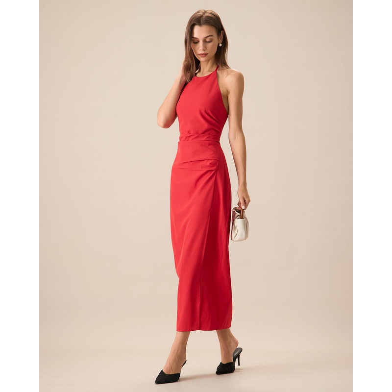 Women’s Red Shirred Halter Maxi Dress