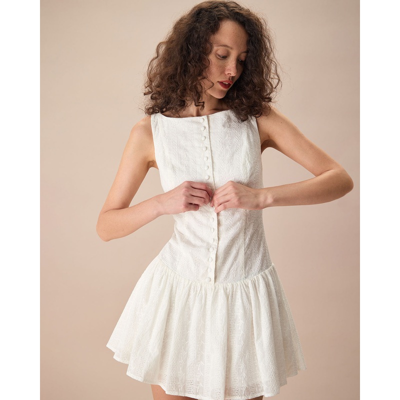 Women’s White Boat Neck Jacquard Cotton Mini Dress