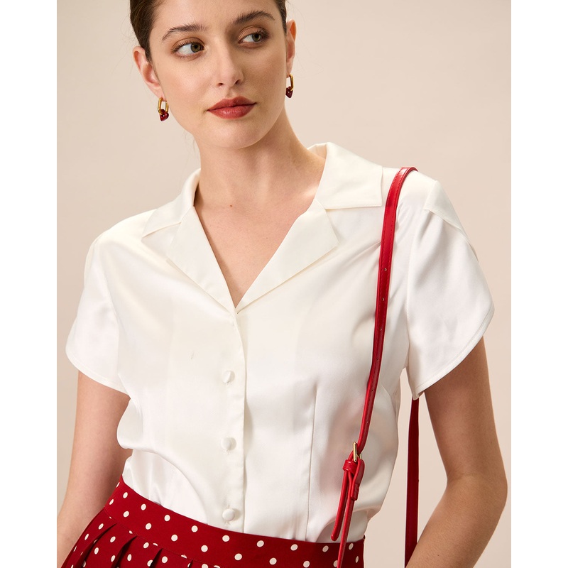 Women’s White Lapel Satin Blouse