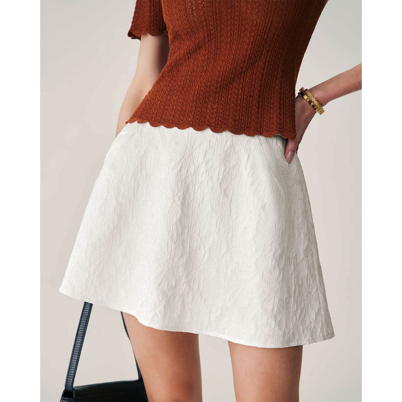 Beige Jacquard A-Line Mini Skirt