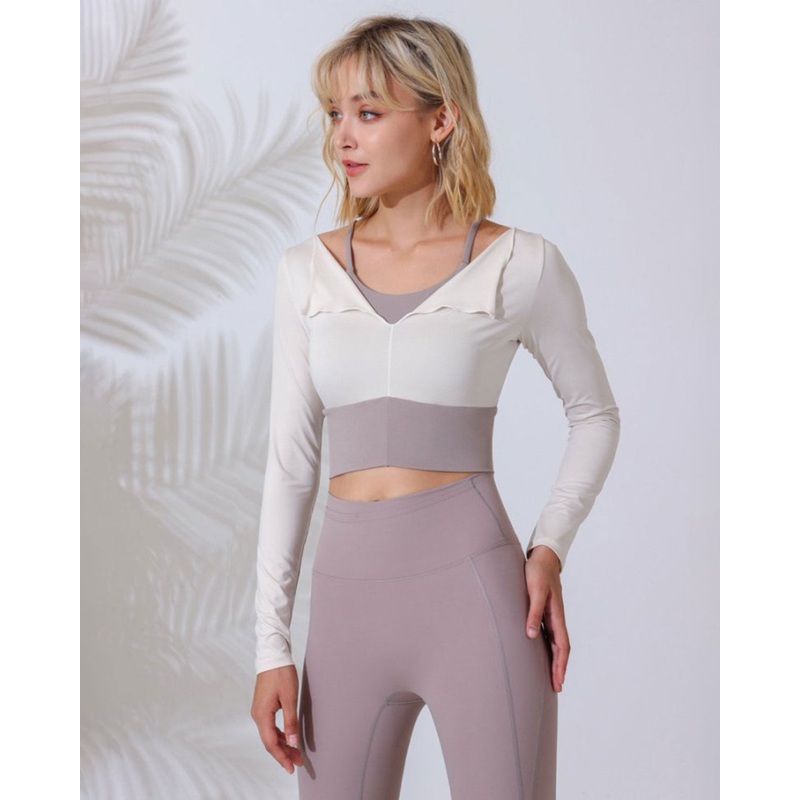 Beige Round Neck Long Sleeve Top – Light Support