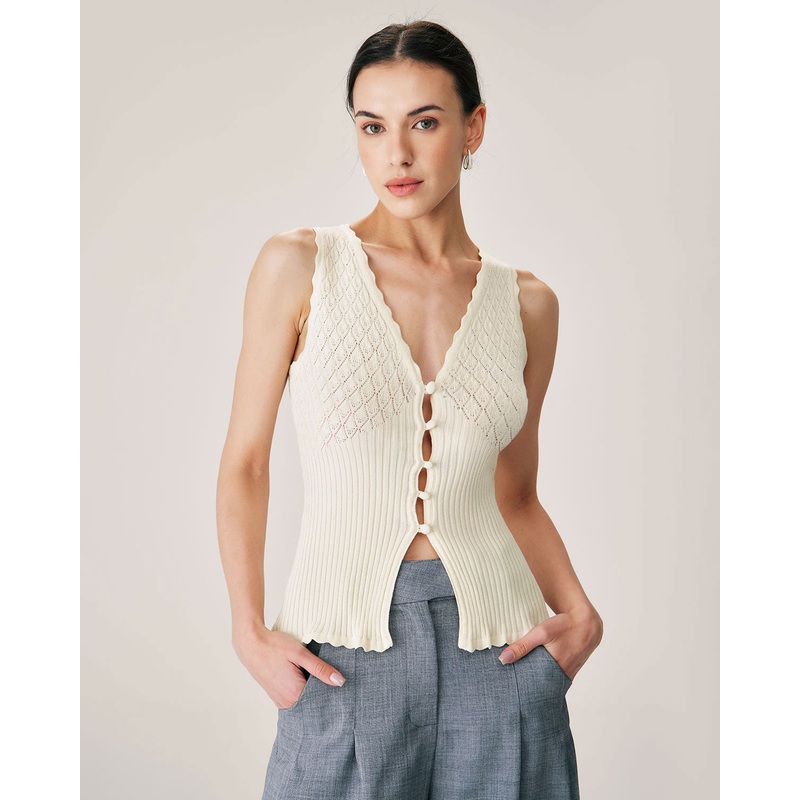 Beige V Neck Ribbed Knit Tank