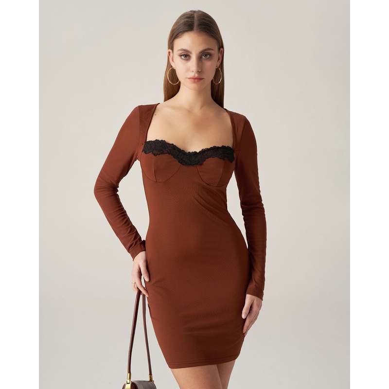 Bettydress-Brown Lace Splicing Bodycon Mini Dress
