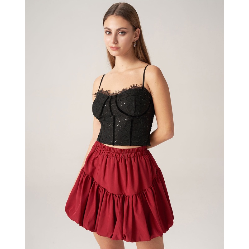 Bettydress-Red Elastic Waist Bubble Mini Skirt