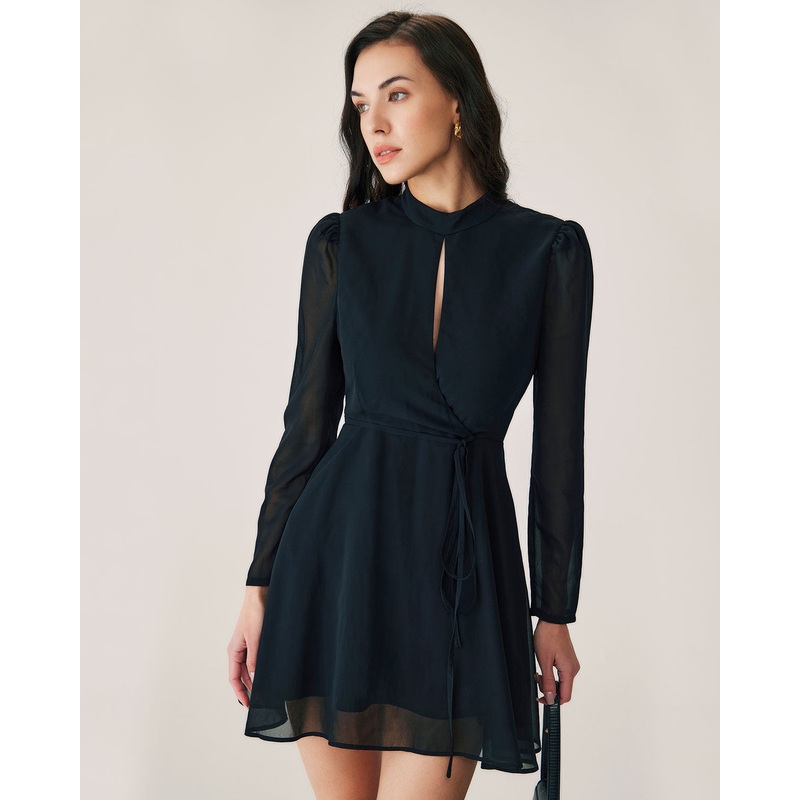 Black Chiffon Wrap Mini Dress