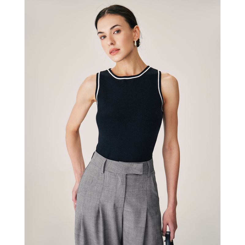Black Contrast Ribbed Knit Tank