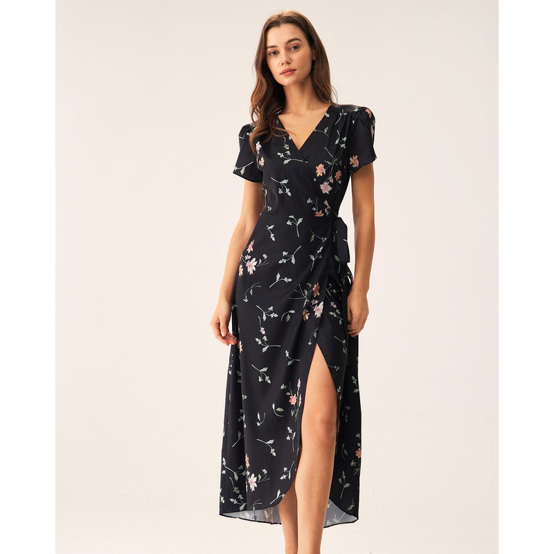 Black Floral Wrap Maxi Dress