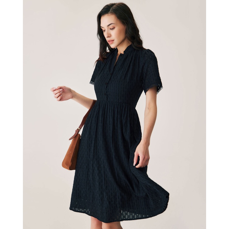 Black Lace Button Midi Dress