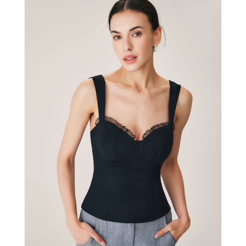 Black Lace Splicing Sweetheart Neck Camis