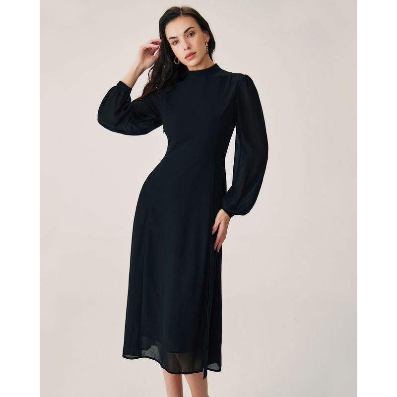 Black Sheer Turtleneck Flowy Midi Dress