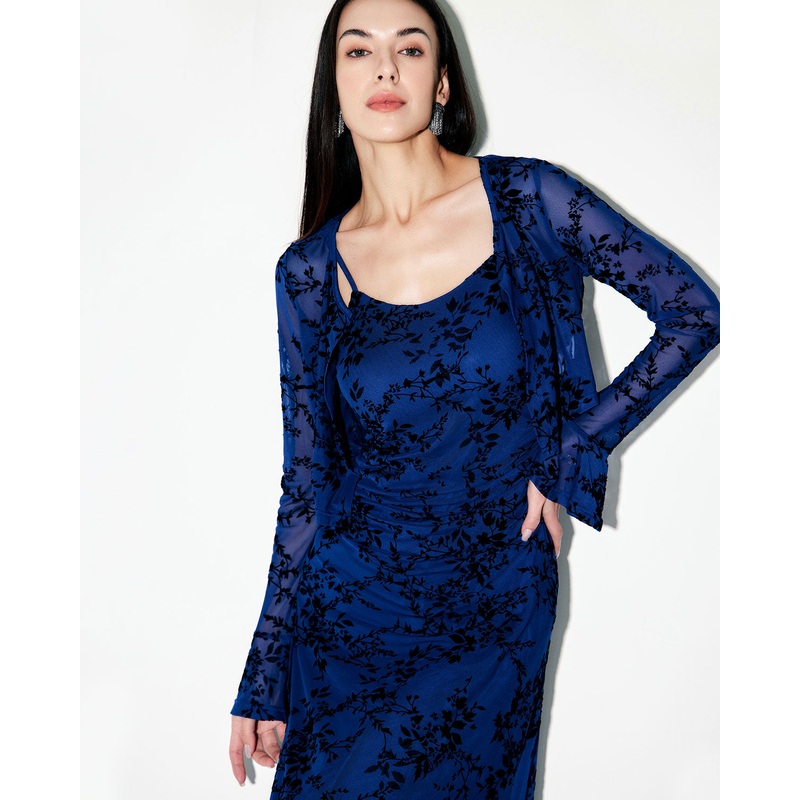 Blue Floral Mesh Slip Midi Dress