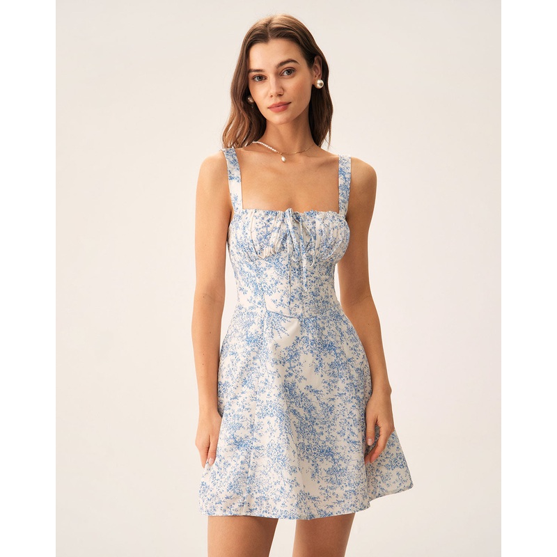 Blue Floral Ruched Slip Corset Mini Dress