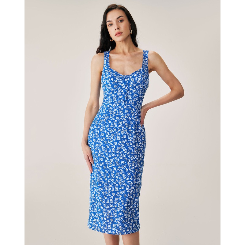 Blue Floral Slit Slip Midi Dress