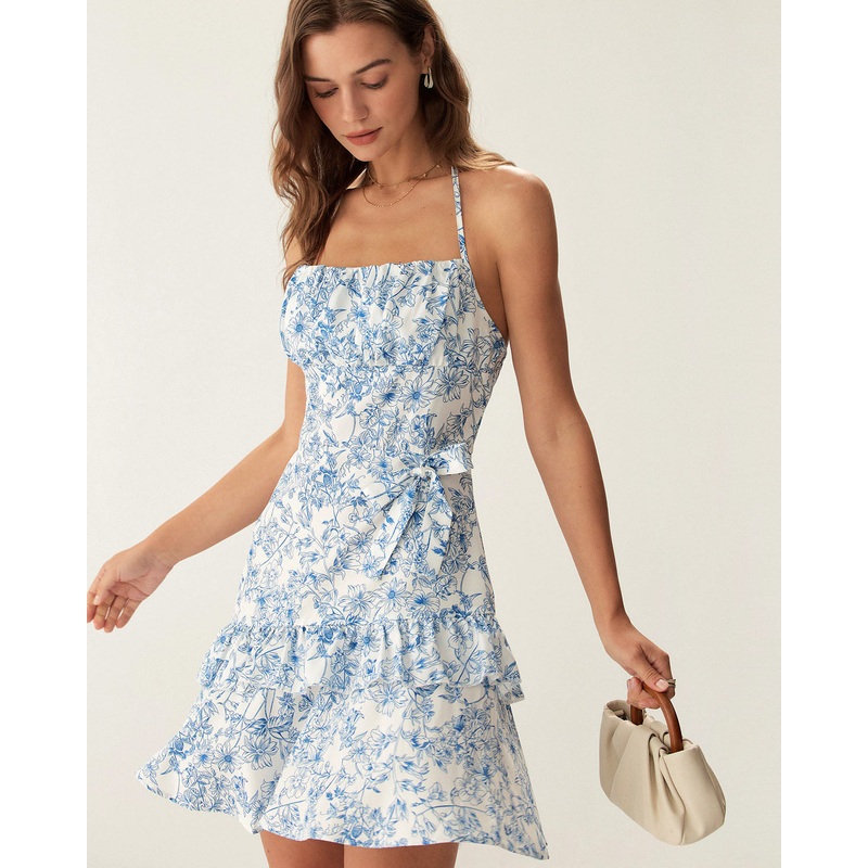 Blue Floral Tiered Halter Mini Dress