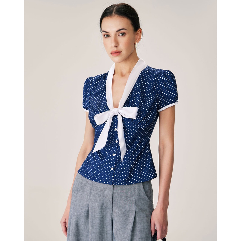 Blue Polka Dot Puffed Sleeve Blouse
