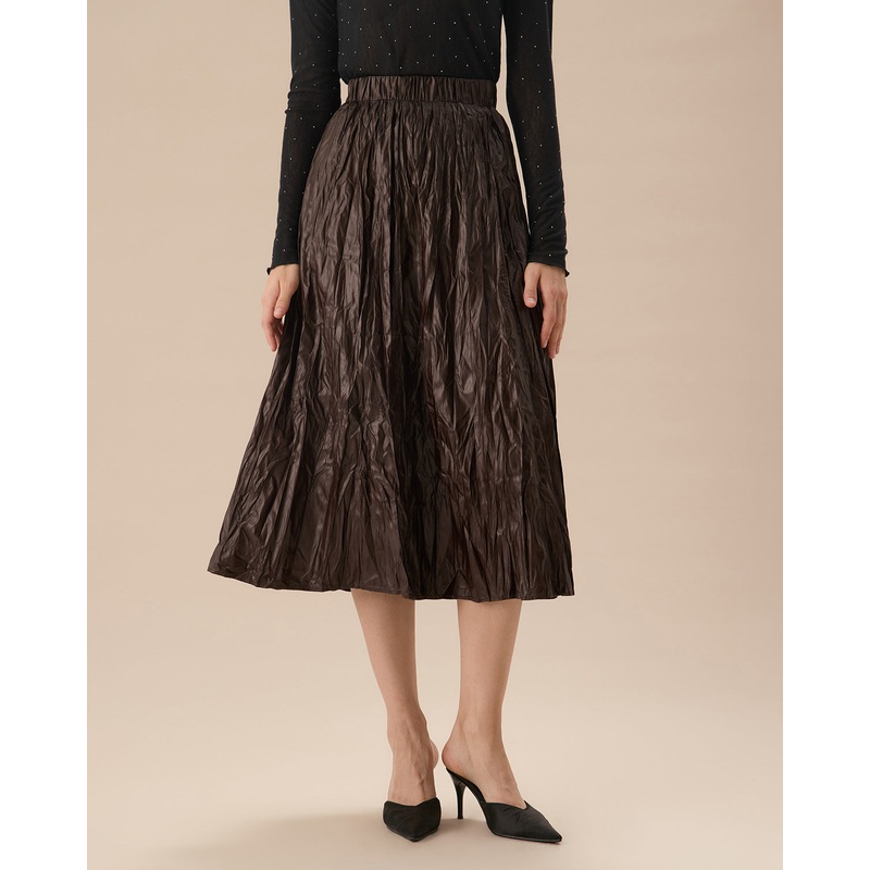 Coffee Elastic Waist Ruched Midi Skirt