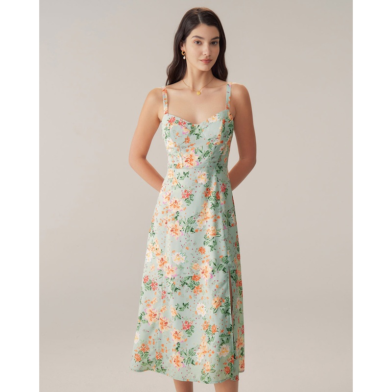 Green Floral Sweetheart Neck Slip Midi Dress