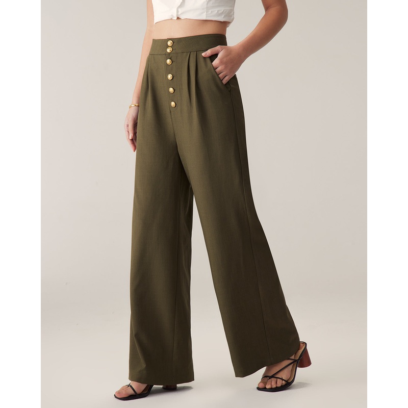 Green High-Waisted Straight Wide-Leg Pants