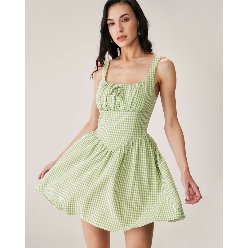 Green Plaid Ruched Slip Mini Dress