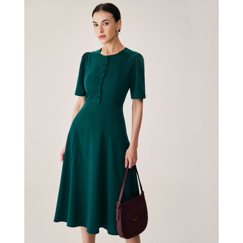 Green Puffed Sleeve Button Midi Dress