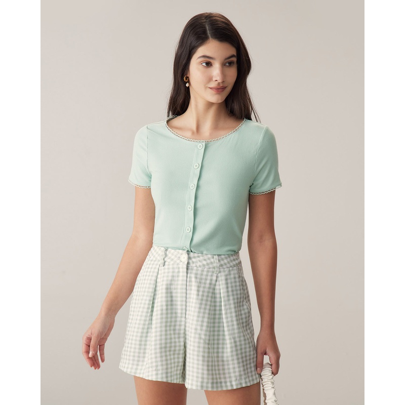 Green Round Neck Button Slim Tee