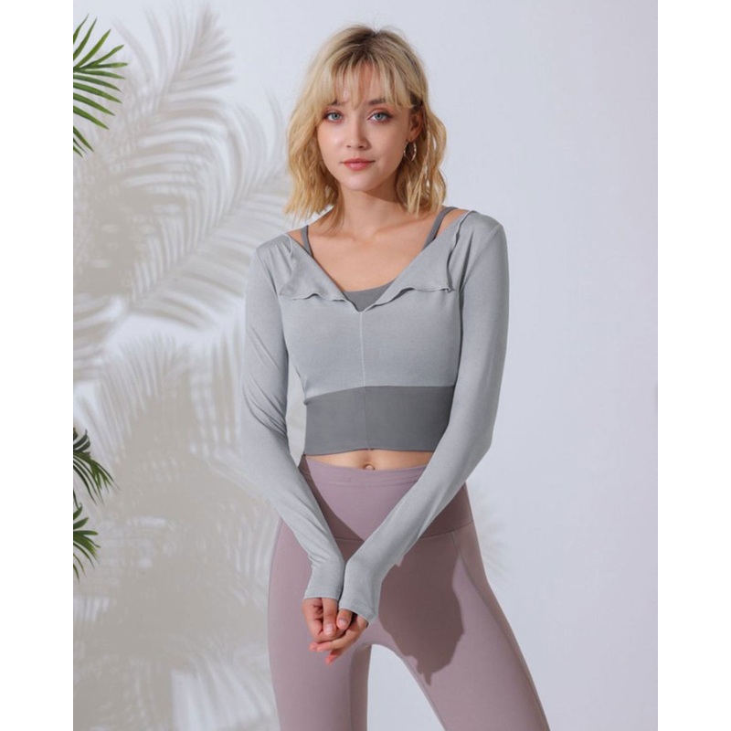Grey Round Neck Long Sleeve Top – Light Support