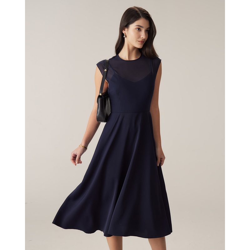 Navy See-through Cap Sleeve Midi Dress