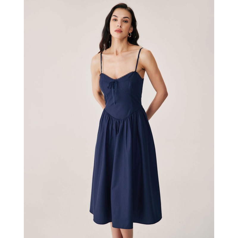 Navy Shirred Slip Midi Dress