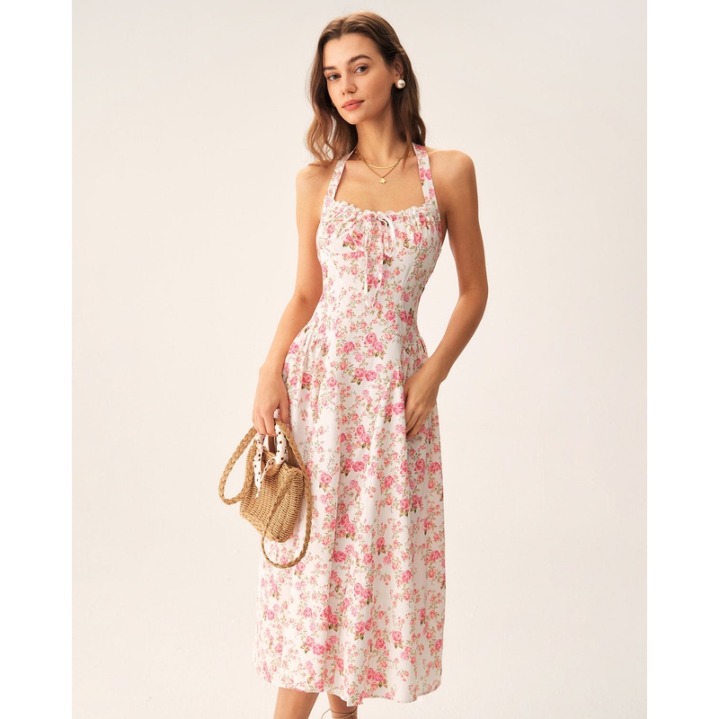 Pink Floral Halter Midi Dress