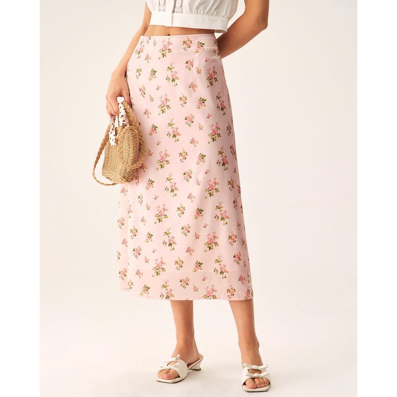 Pink Floral Satin Straight Midi Skirt