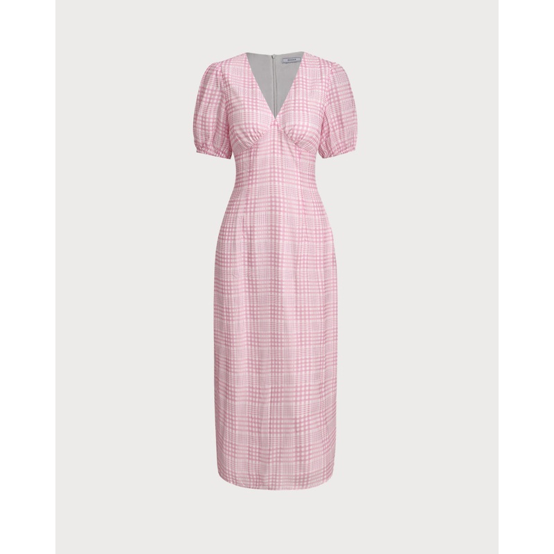 Pink Plaid V-Neck Midi Dress